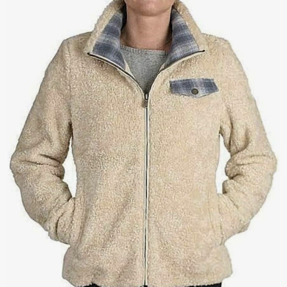 Pendleton Womens XL Sherpa Fleece Full Zip Jacket Cream Plaid Trim Cozy Gorpcore